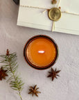 Topdown view of lit candle with wood wick surrounded by star anise, pine needles and a handwritten letter with wax seal on a textured surface