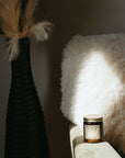 Candle on a surface next to a vase with pampas grass against a dark wall.