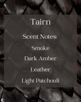 text with scent notes of tairn candle and black dragon scale in the background