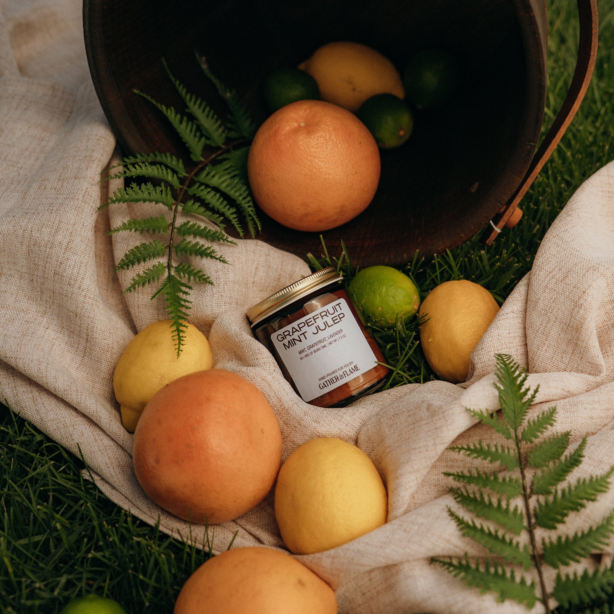 Jar of jam on a blanket with fruits and a bucket in a natural setting
