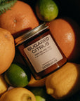 Jar of 'Sugared Citrus' with citrus fruits on a dark background