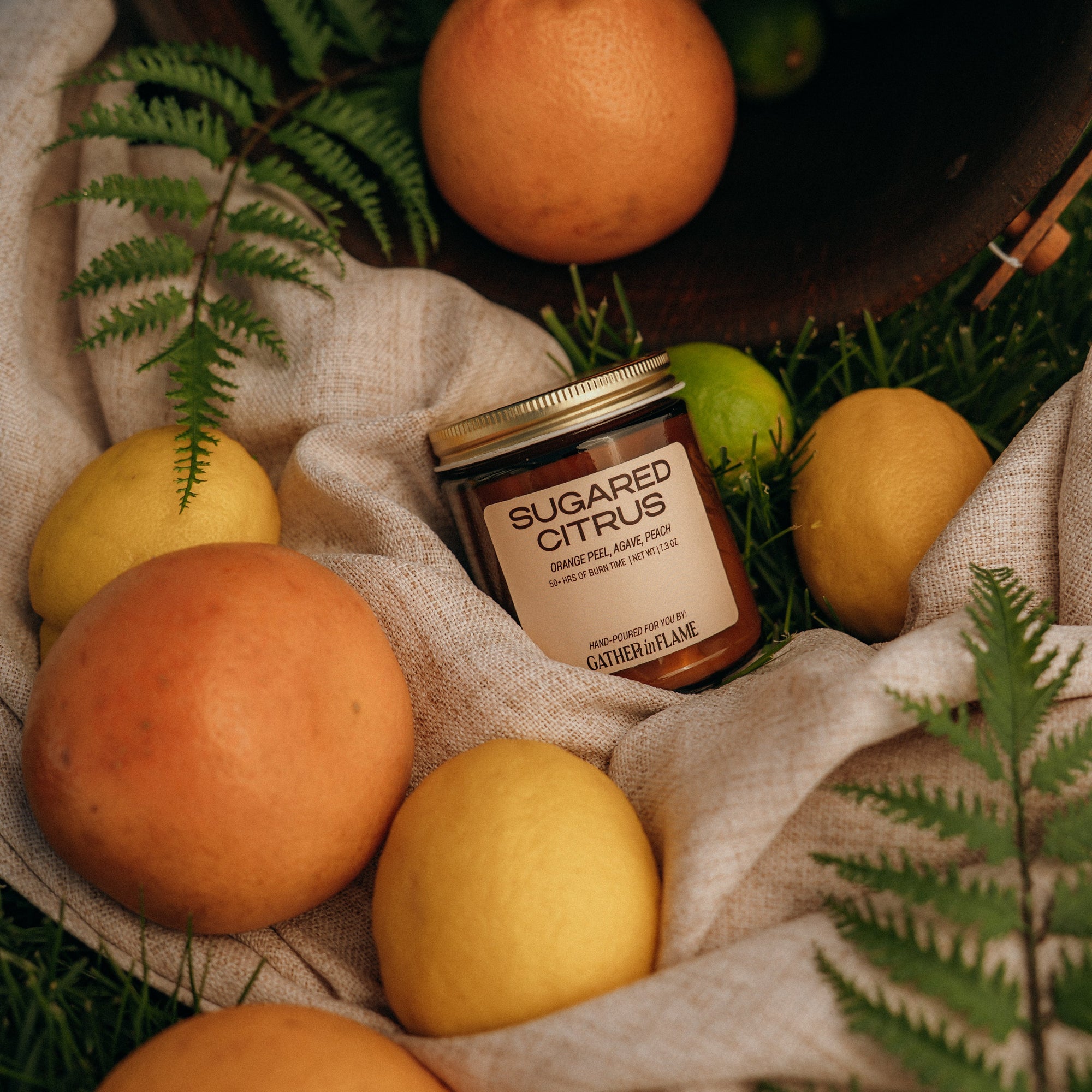 Jar of 'Sugared Citrus' with lemons and oranges on a textured fabric background