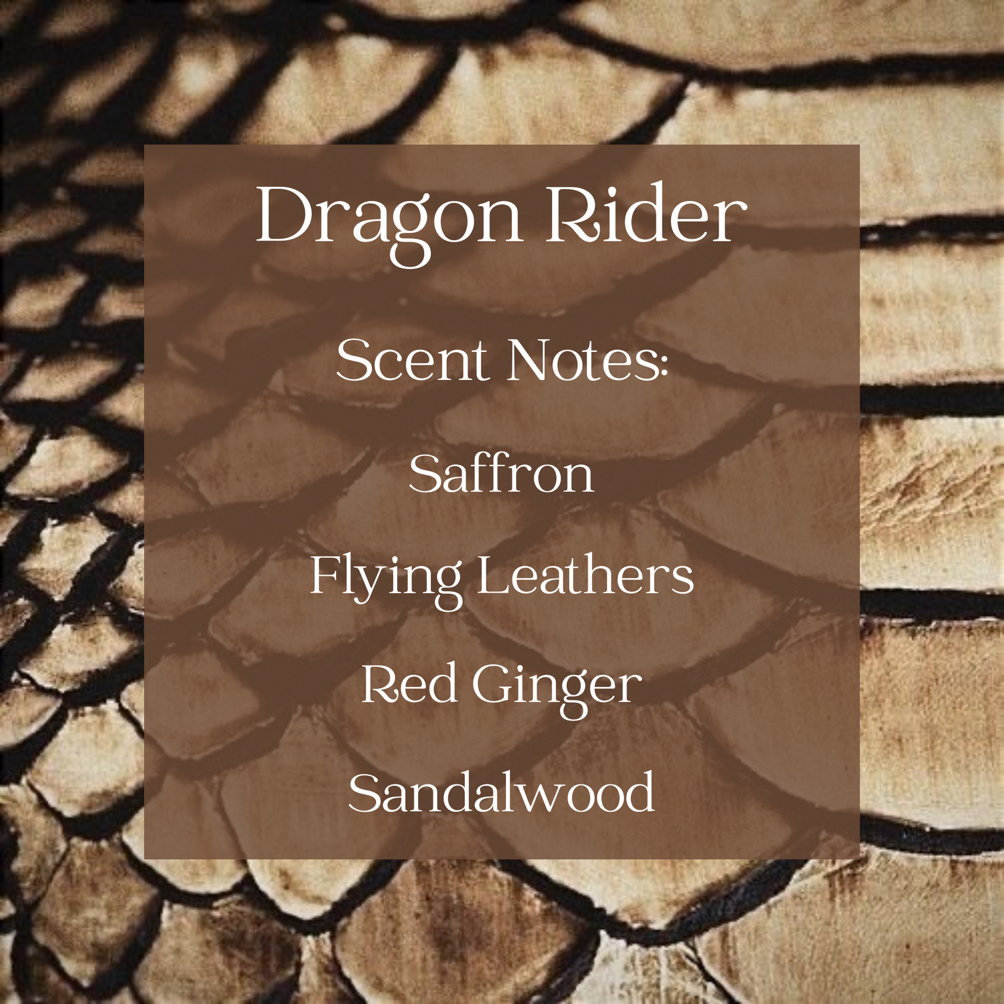 Text with scent notes of dragon rider candle with a background of gold dragon scales