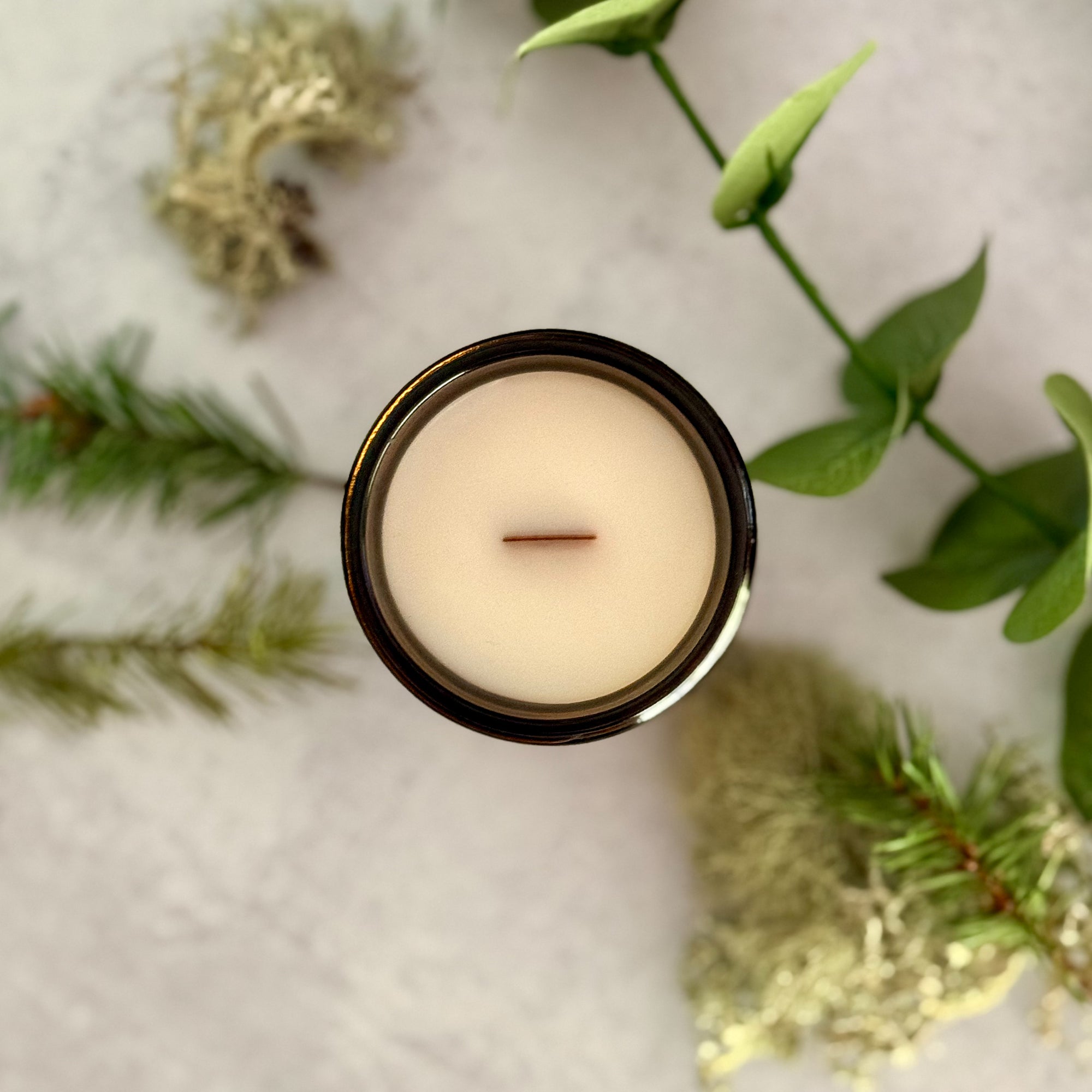 Overhead view of surface of 'Oregon Evergreen' candle with wood wick on a grey surface with pine branches, moss and eucalyptus