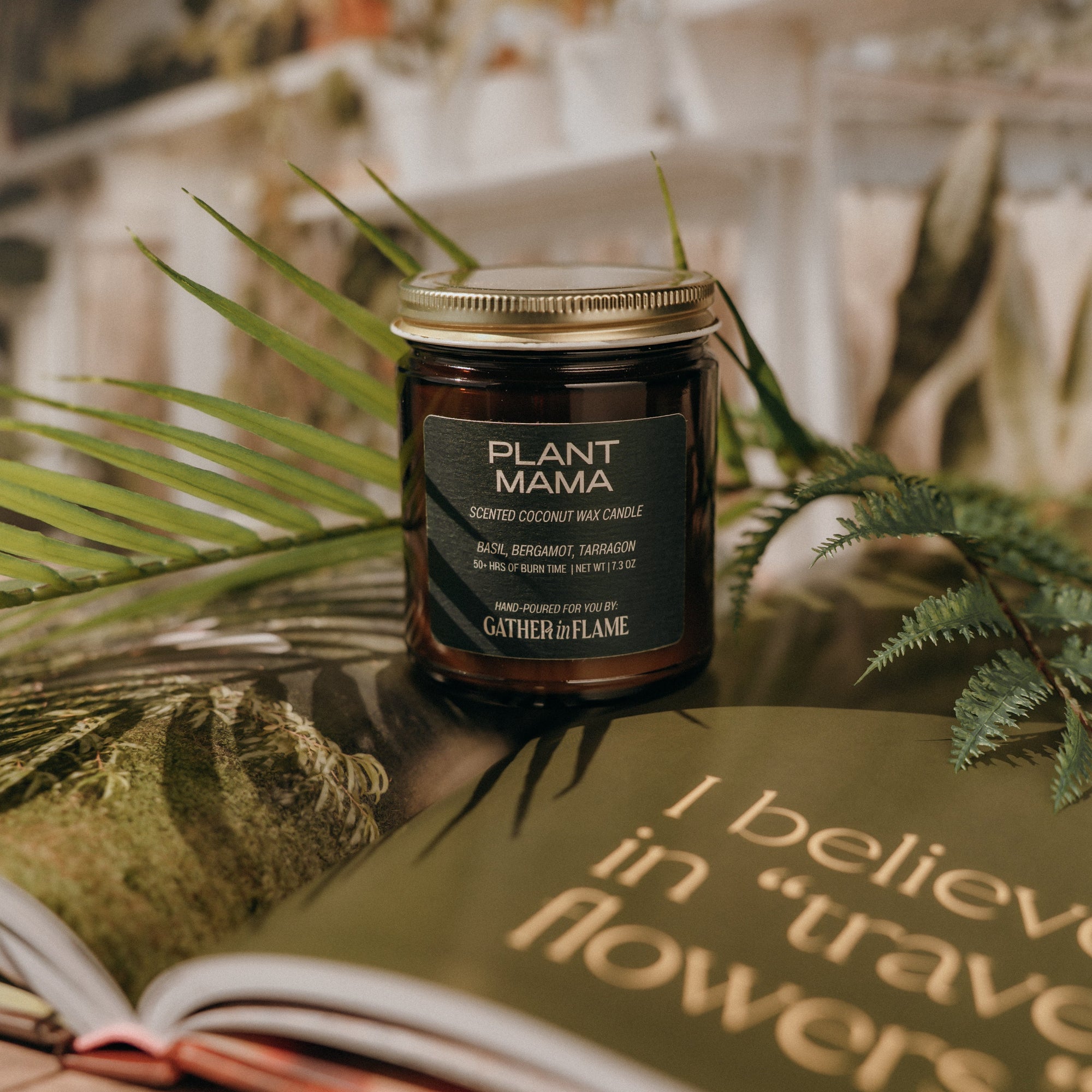 Jar of 'Plant Mama' candle on a book with plants in the background