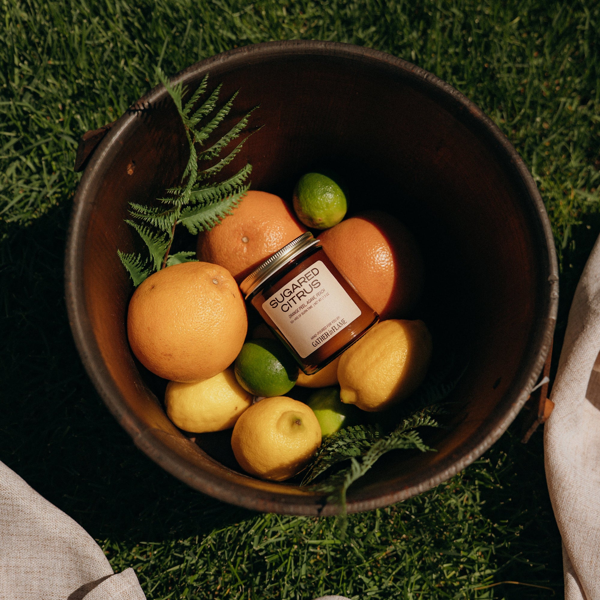Sugared Citrus candle jar surrounded by fruits in a wooden barrel on grass