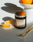 Jar of 'Sugared Citrus' candle with orange slices and a gold lighter on a light surface.