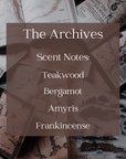 Text showing the scent notes of The Archives candle with open books and maps in the background.