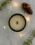 Topdown view of candle with wood wick with a pine cone and branches on a textured surface