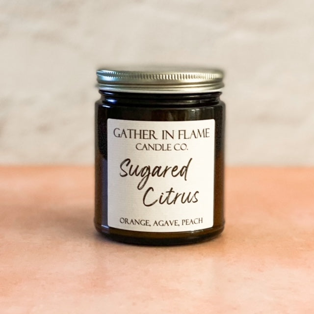 Close up picture of Sugared Citrus candle jar 7ounces