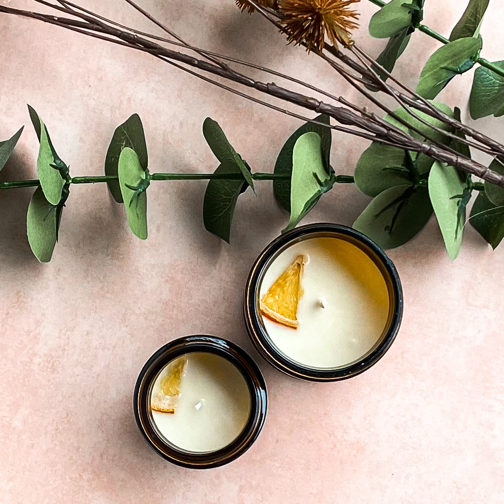 Overhead picture of both sizes of Sugared Citrus candles displaying orange pieces embedded in top. 